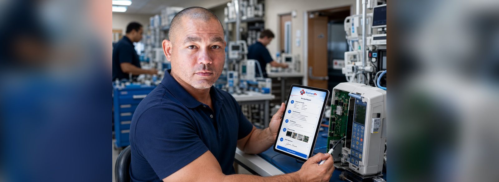 Bench repair of a medical device documented in a BiomedRx App service report