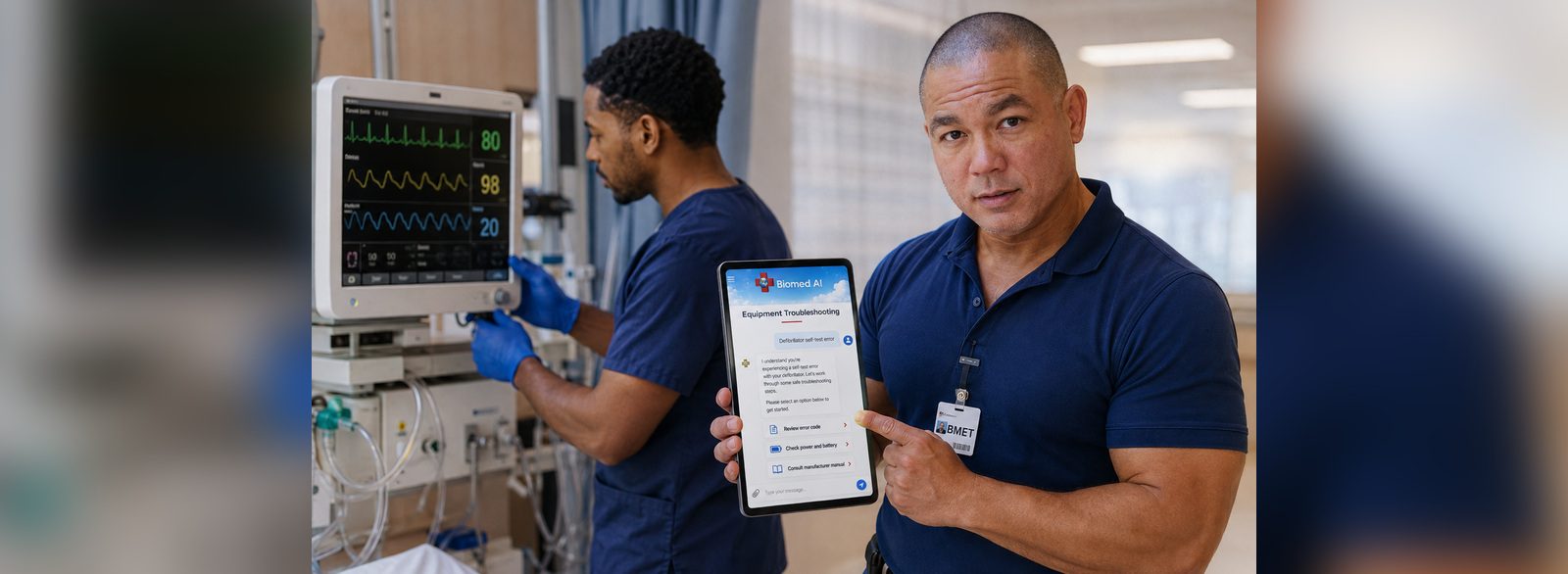 Biomed AI equipment troubleshooting in the BiomedRx App at a patient monitor bedside