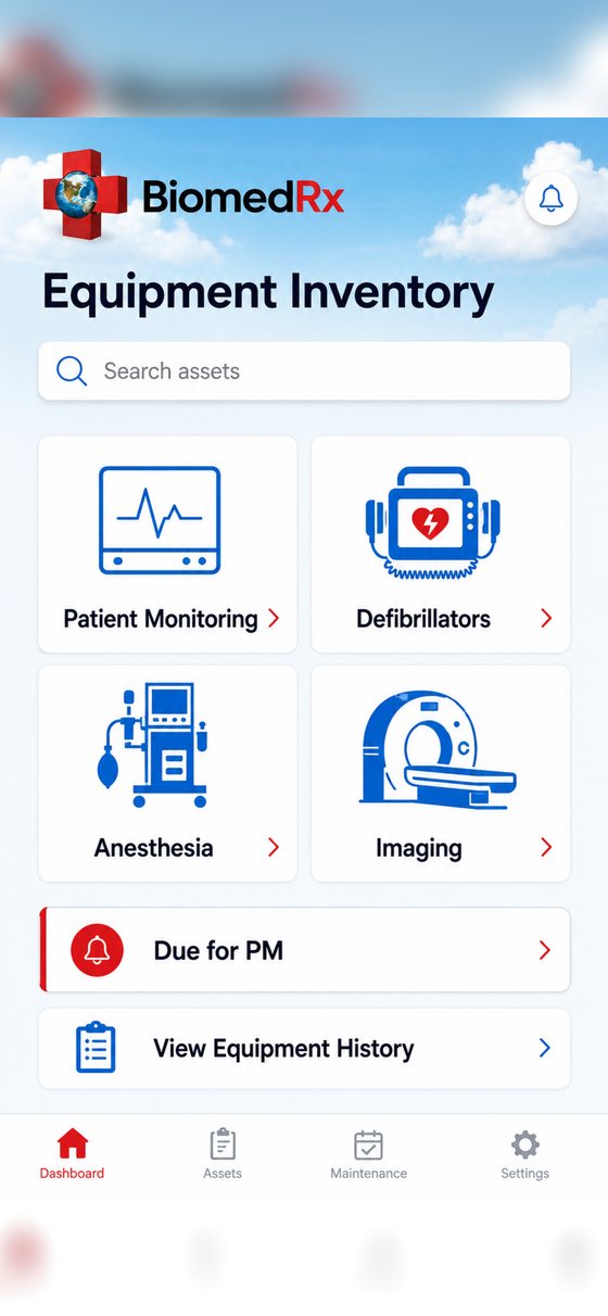 Medical equipment inventory in the BiomedRx App organised by patient monitoring, defibrillators, ventilators and imaging