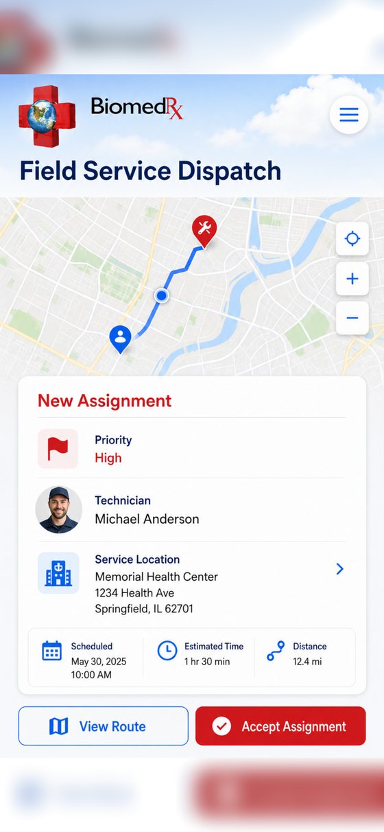 A field service dispatch in the BiomedRx App with route map, priority, technician, service location and estimated time