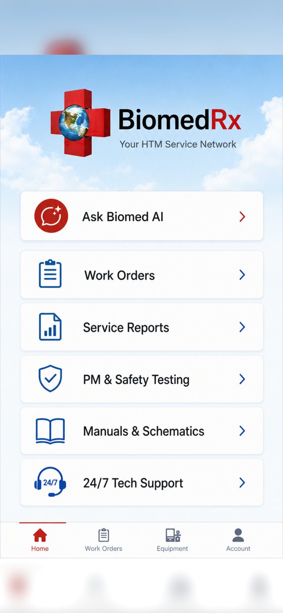 The BiomedRx App home dashboard with Ask Biomed AI, work orders, service reports, PM and safety testing, manuals and schematics, and 24/7 tech support