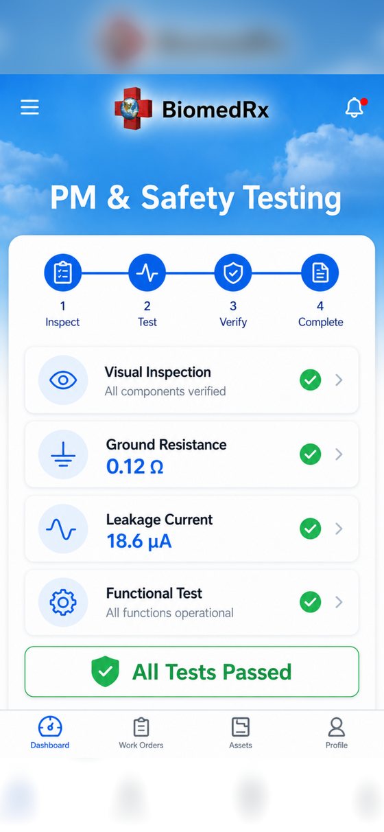 Preventive maintenance and electrical safety testing in the BiomedRx App showing ground resistance and leakage current results