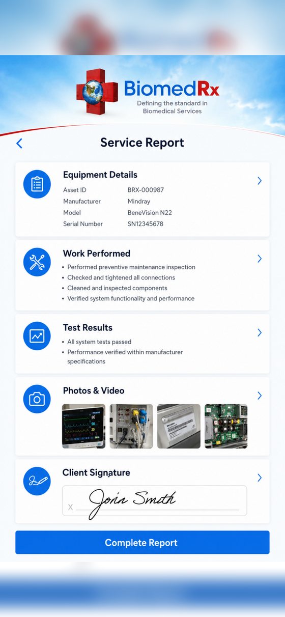 A BiomedRx App service report with equipment details, work performed, test results, photos and video, and the client signature
