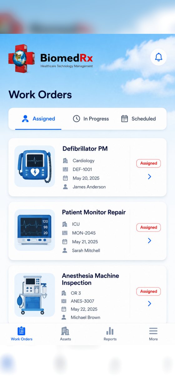 Assigned, in-progress and scheduled work orders in the BiomedRx App with asset, department and due date