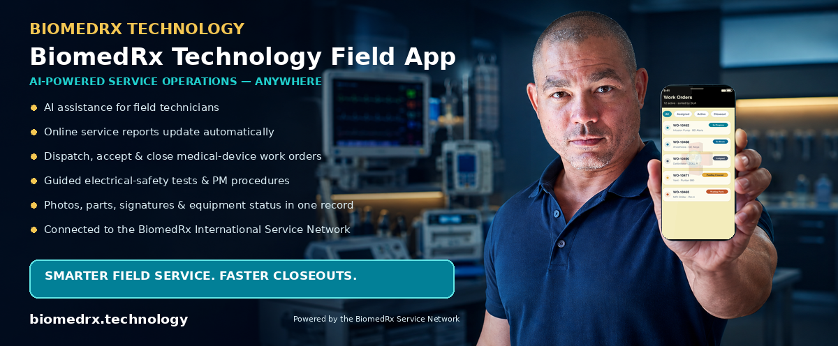 BiomedRx Field Platform — AI-powered field-service mobile app; automatic online service reports, work-order dispatch, and closeout
