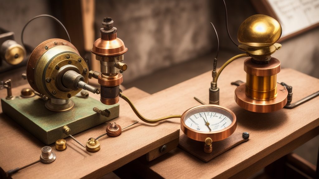 Concept render of a modern Hieronymus radionics device reconstruction with brass dials and copper coils
