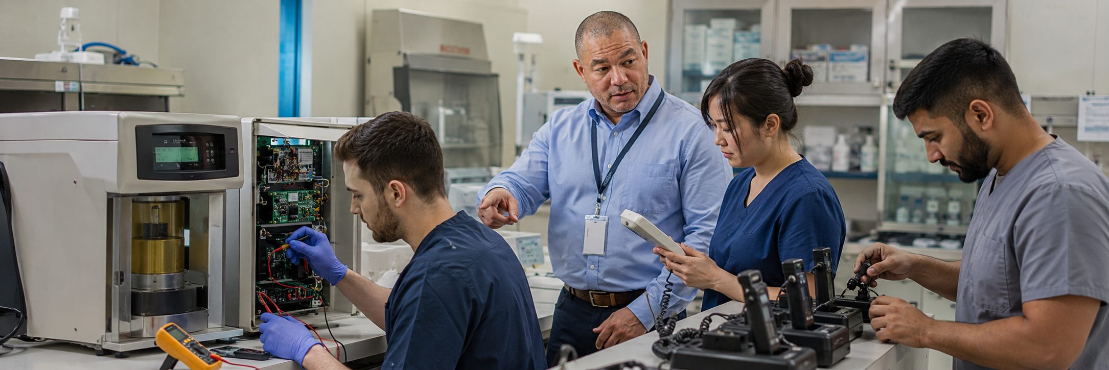 Medical imaging equipment service on a mammography system with test instrumentation