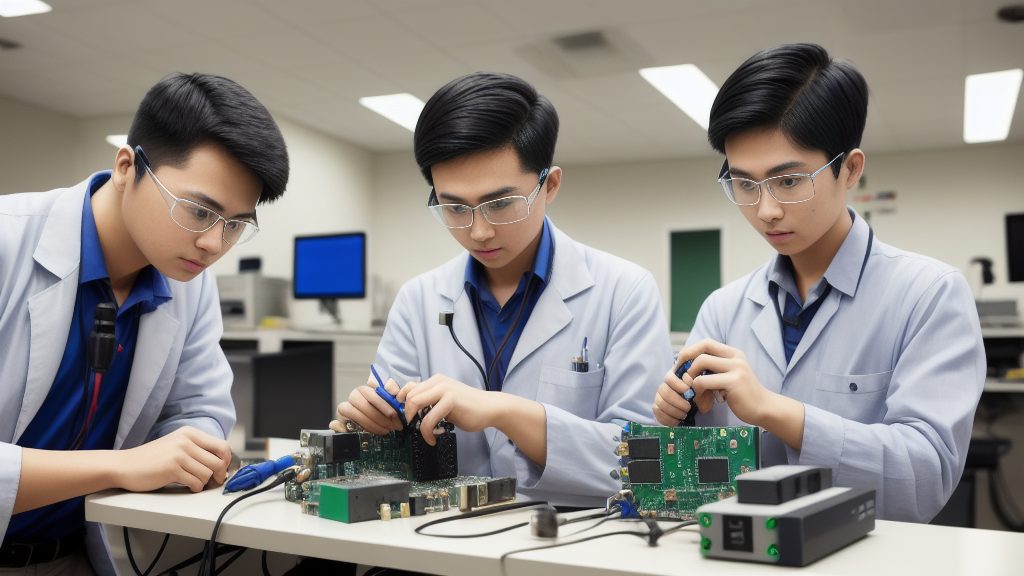 Engineers collaborating on electronics at an R&D lab bench