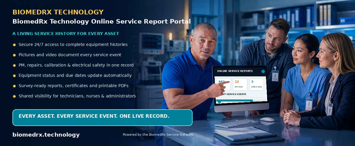 BiomedRx Technology Online Service Report Portal — every service event, live in your secure online report portal; view a sample report